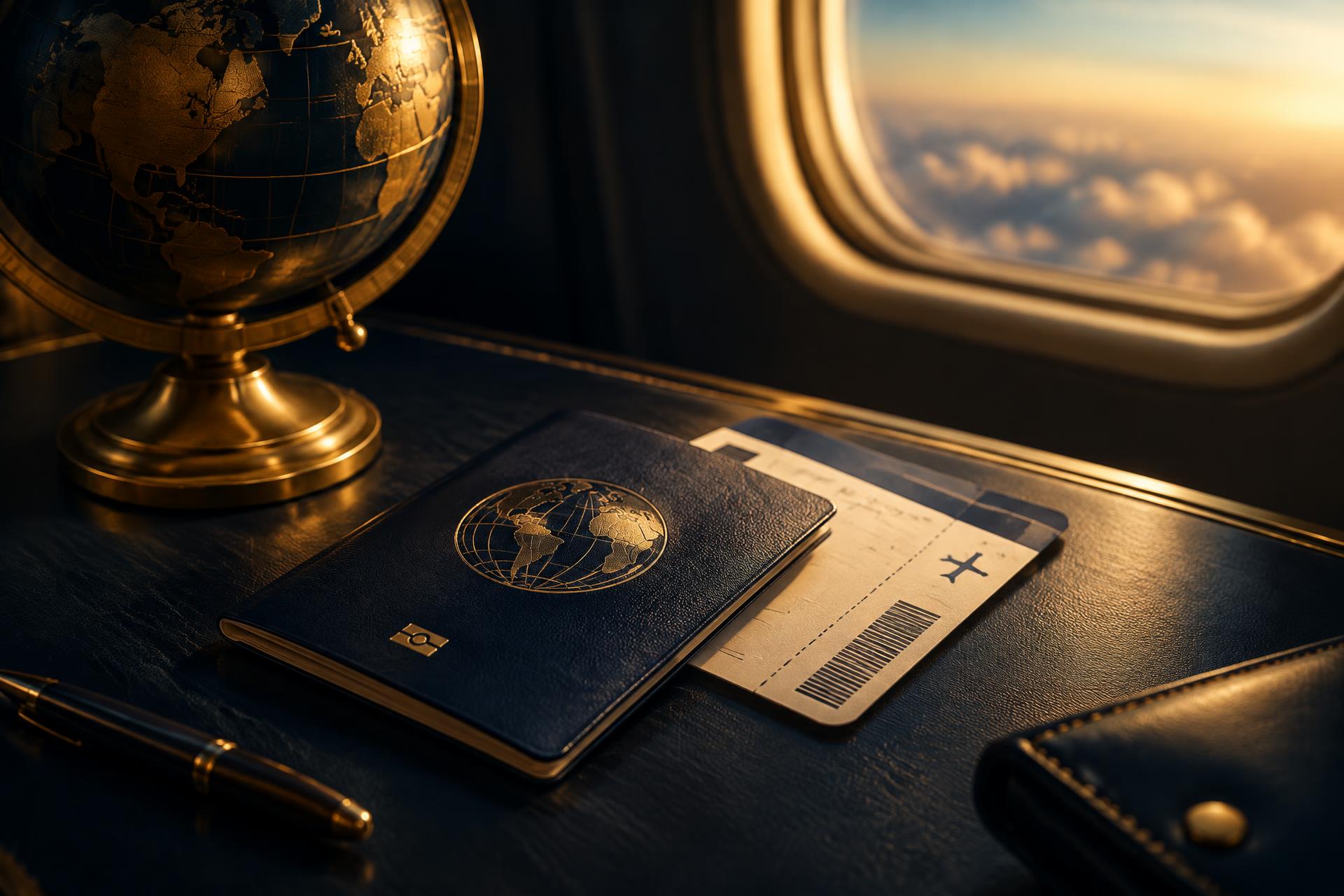 Passport and boarding pass beside a brass globe